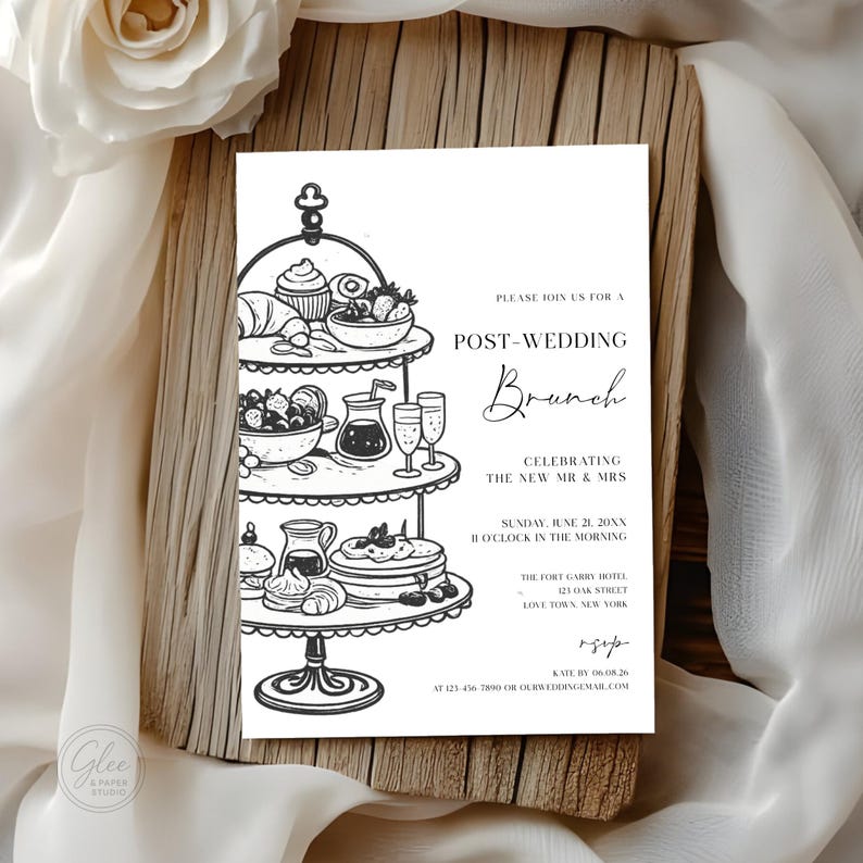 May include: Black and white invitation for a post-wedding brunch. The invitation features a three-tiered serving stand with illustrations of pastries, fruit, and drinks. The text includes the event details and RSVP information.