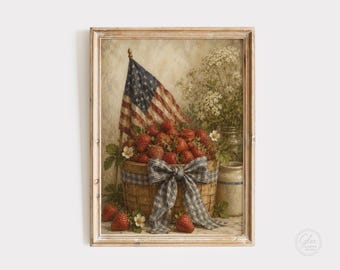 Patriotic Strawberry Basket Print, Americana Farmhouse Wall Art, Vintage Summer Digital Download