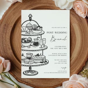 May include: A black and white invitation for a post-wedding brunch, featuring a tiered serving stand with illustrations of food items. The invitation includes the text "Post-Wedding Brunch" and event details.