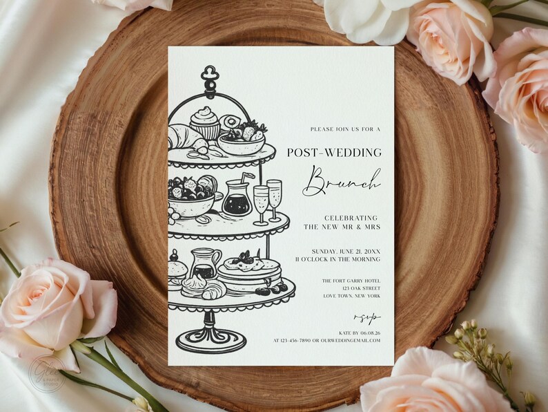 May include: A black and white invitation for a post-wedding brunch, featuring a tiered serving stand with illustrations of food items. The invitation includes the text "Post-Wedding Brunch" and event details.