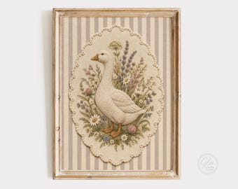 Faux Embroidery Goose Wall Art, Needlepoint Goose Print, Cottagecore Farmhouse Decor, Floral Goose Artwork