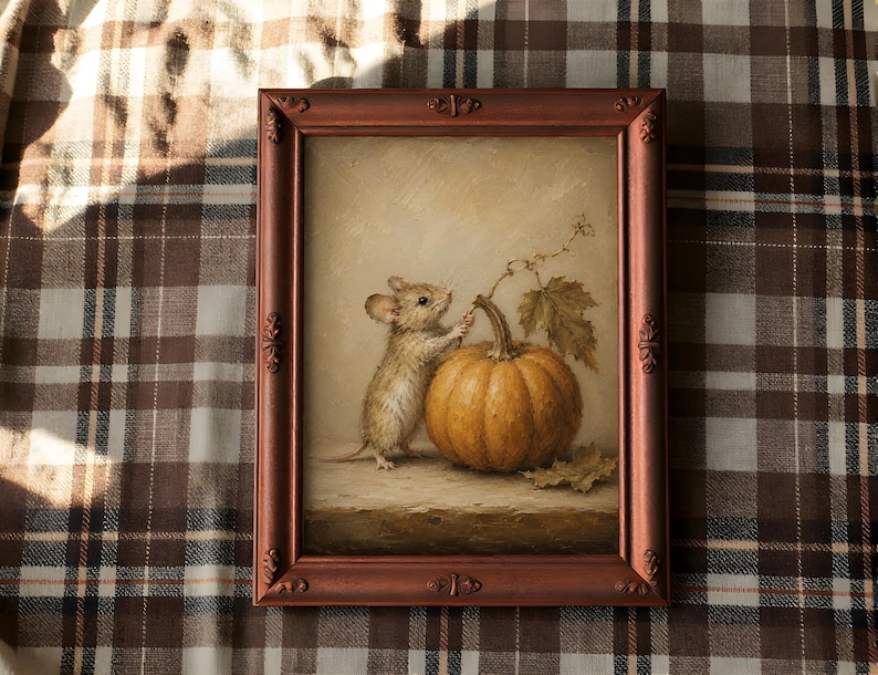 Peut inclure: Une peinture encadr&eacute;e repr&eacute;sentant une petite souris brune debout &agrave; c&ocirc;t&eacute; d'une citrouille orange ronde. La souris tend la patte vers une fine tige attach&eacute;e au p&eacute;doncule de la citrouille. L'&oelig;uvre est dans un cadre d&eacute;coratif couleur cuivre.