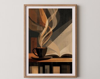 Coffee & Books Poster – Minimalist Reading Nook Art (Digital Download)