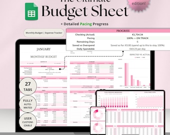 The Ultimate Pink Budget Sheet | Google Sheets Budget Planner Sheet| Monthly Expense Tracker | Financial Planner | Debt & Savings Tracker