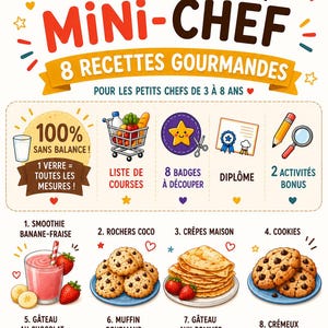 Carnet Mini-Chef PDF | 8 Recettes Faciles Enfant | Sans balance | Activité Cuisine 3-8 ans | Diplôme & Badges à Imprimer