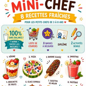 Peut inclure: Une fiche d'activités éducative intitulée HOP PAGE PACK ETE MON CARNET DE MINI-CHEF. Elle présente 8 recettes fraîches, une liste de courses, 8 badges, un diplôme et 2 activités bonus. Le design inclut des illustrations de nourriture et d'icônes.