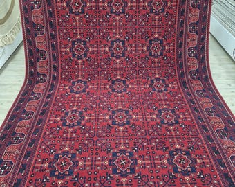 Afghan Rug – Vintage Turkish Oriental Carpet – Handmade Red Wool Area Rug – Boho Geometric Persian Style Rugs