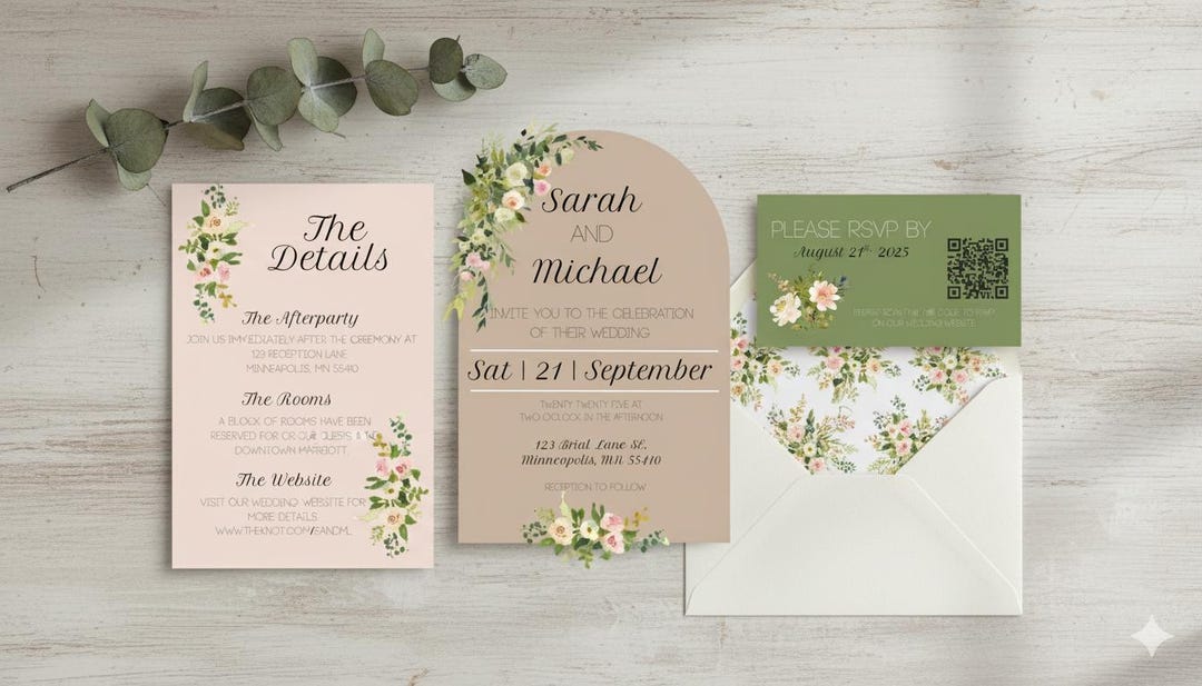 Blush Pink and Sage Green Wedding Invitation Suite | Floral Arch Detail ...