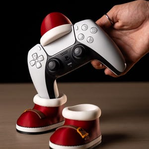 May include: A white and black games controller with a red Santa hat and matching red boots with white trim. The controller is held by a hand, and the boots are placed on a wooden surface. The controller has buttons and a touchpad.