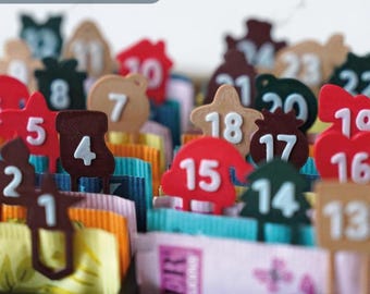 Advent Calendar Clips for Square Bear, Christmas Countdown Organizer, 24 Festive Numbered Clips, Holiday Gift, 3D Printed PLA Decor