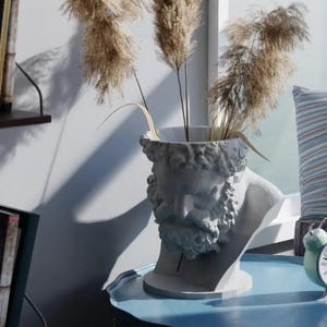 Könnte beinhalten: Eine weiße Büste eines bärtigen Mannes dient als Vase und hält getrocknete Ziergräser. Die Büste steht auf einem hellblauen Tisch mit dekorativem Rand. Im Hintergrund befinden sich ein Fenster und ein gestreiftes Kissen.