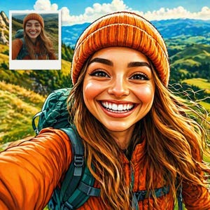May include: A digital illustration of a smiling person wearing an orange beanie, jacket, and a green backpack, set against a backdrop of mountains and a blue sky. A smaller image of the person is in the upper left corner.