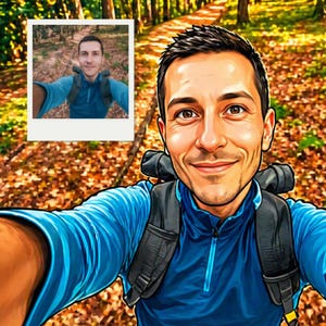 May include: Digital illustration of a person smiling, wearing a blue jacket and backpack, taking a selfie. A smaller image of the person in a forest setting is in the upper left corner. The background shows a path through a forest with autumn leaves.