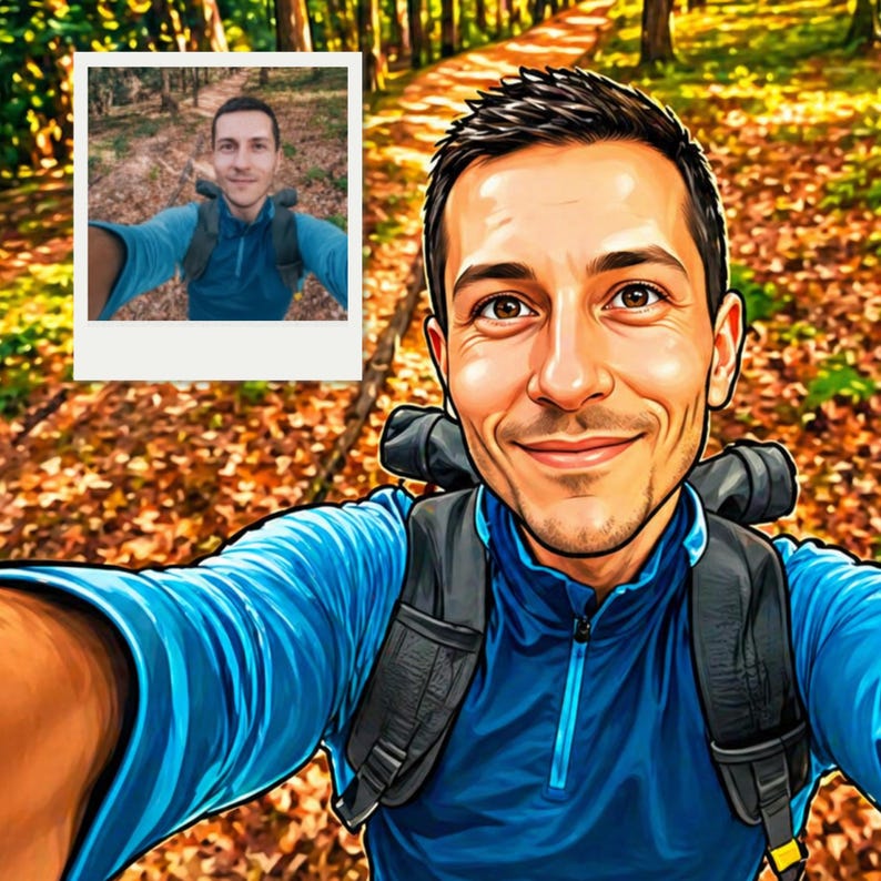 May include: Digital illustration of a person smiling, wearing a blue jacket and backpack, taking a selfie. A smaller image of the person in a forest setting is in the upper left corner. The background shows a path through a forest with autumn leaves.