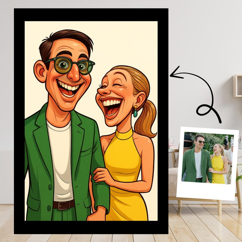 May include: A framed cartoon portrait of a smiling couple. The man wears a green blazer, glasses, and a white shirt. The woman is in a yellow dress and has a ponytail. A smaller photo of the couple is in the corner.
