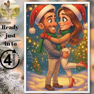 Family Caricature from Photo – Christmas Couple Cartoon Portrait – Personalized Digital Gift Christmas, Anniversary or Valentine’s Day fun