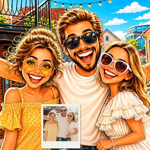 May include: A vibrant illustration of three smiling people, each wearing sunglasses. One person is in a white t-shirt, and the others are in yellow and white outfits. A small photo is in the foreground.