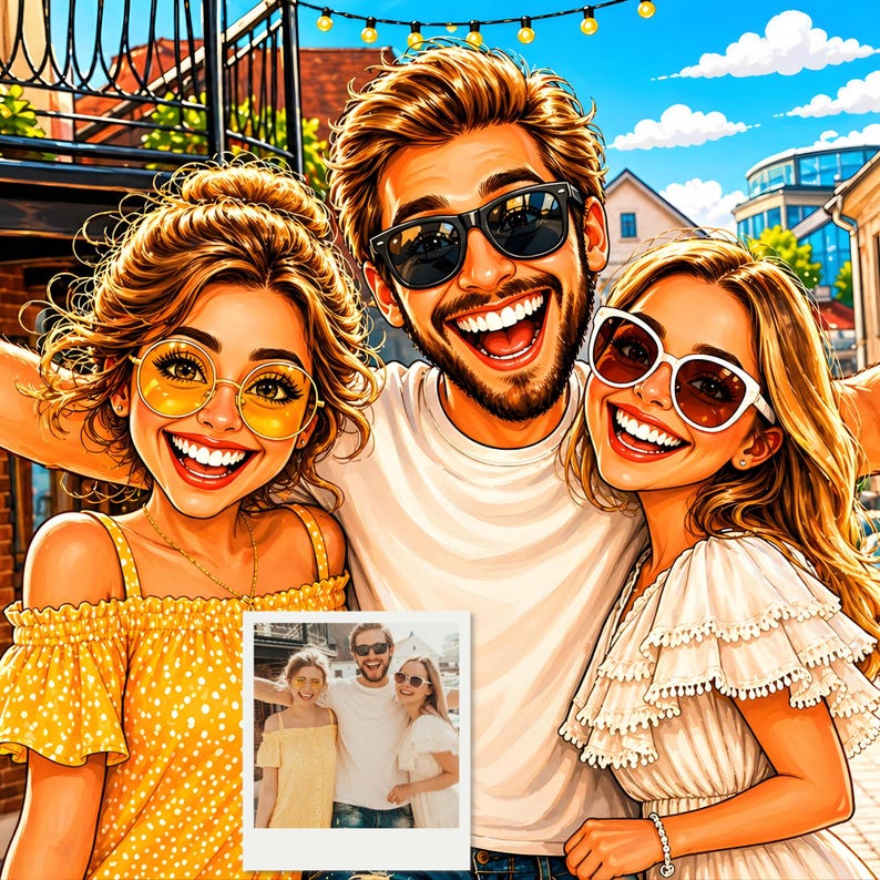 May include: A vibrant illustration of three smiling people, each wearing sunglasses. One person is in a white t-shirt, and the others are in yellow and white outfits. A small photo is in the foreground.