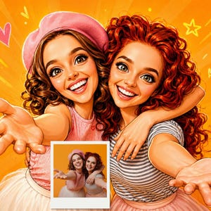 May include: Digital illustration of two smiling women with outstretched arms, one wearing a pink beret and the other with curly red hair. The image has a warm, yellow background with hearts and stars.