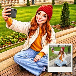 May include: A digital illustration of a person taking a selfie with a smartphone. The person is wearing a red beanie, a white jacket, an orange sweater, and blue jeans. The background shows a park setting with green grass and trees.