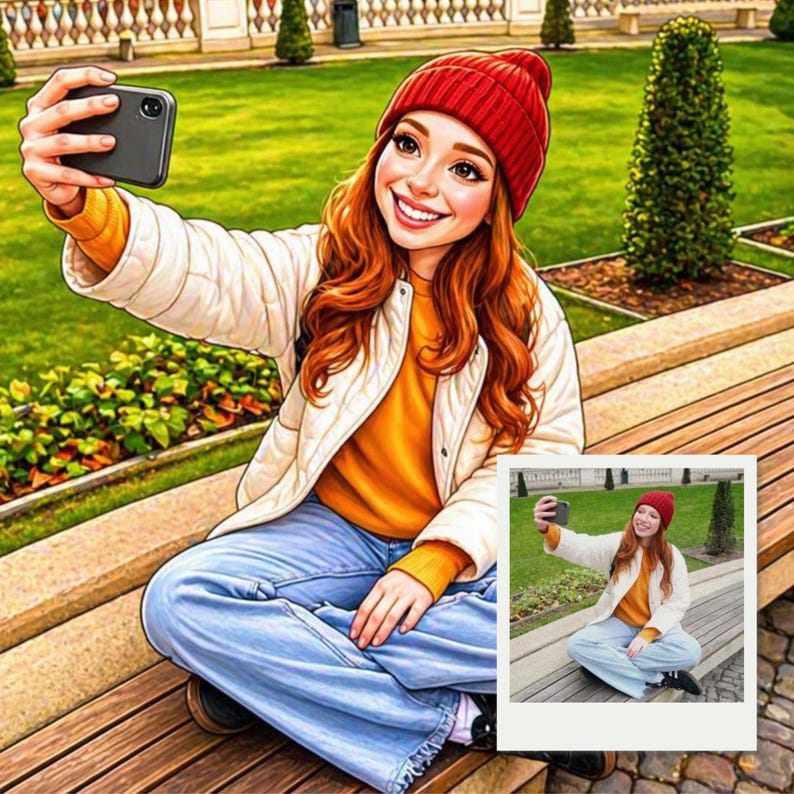 May include: A digital illustration of a person taking a selfie with a smartphone. The person is wearing a red beanie, a white jacket, an orange sweater, and blue jeans. The background shows a park setting with green grass and trees.