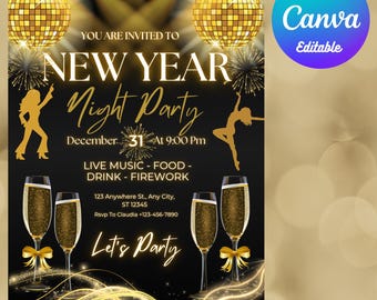 Può includere: Un invito alla festa di Capodanno con sfere da discoteca dorate, calici di champagne e fuochi d'artificio. L'invito include il testo "New Year Night Party" e "Let's Party" su sfondo nero.