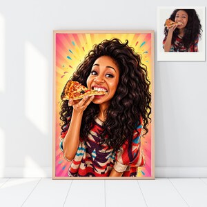 May include: A framed cartoon illustration of a woman eating pizza. The woman has long, dark curly hair and is wearing a colorful sweater. The background features a yellow and pink burst design with colorful accents. A smaller image of the woman eating pizza is in the upper right corner.
