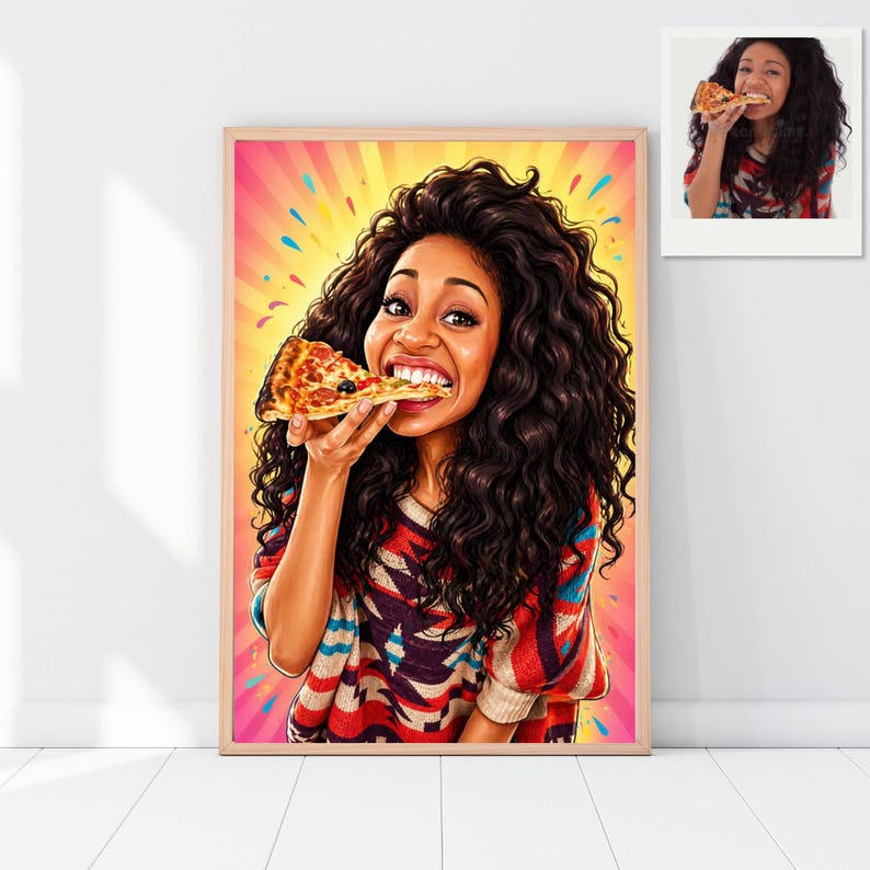 May include: A framed cartoon illustration of a woman eating pizza. The woman has long, dark curly hair and is wearing a colorful sweater. The background features a yellow and pink burst design with colorful accents. A smaller image of the woman eating pizza is in the upper right corner.
