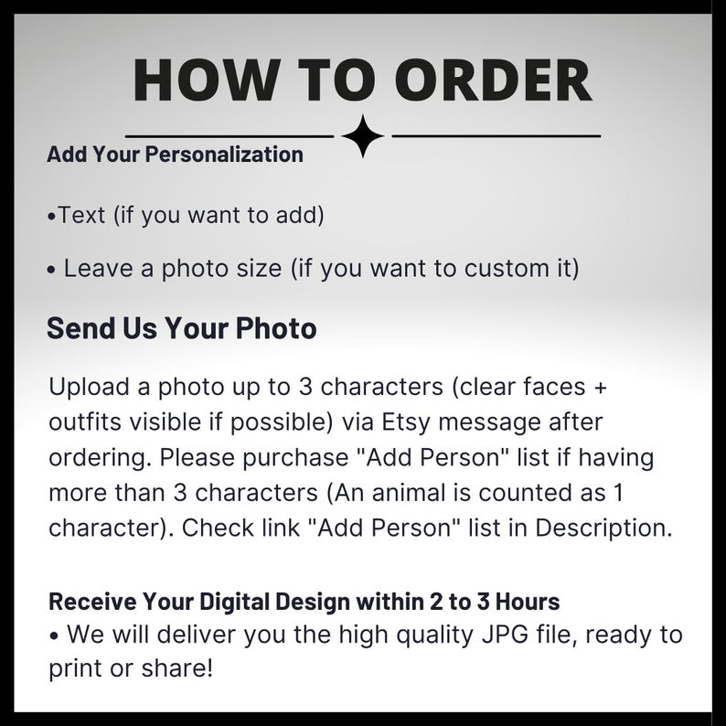 May include: A black and white graphic with the text "HOW TO ORDER" and instructions for personalization, photo submission, and digital design delivery within 2 to 3 hours. Includes details on Etsy messaging and character limits.