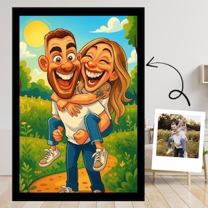 May include: A framed cartoon illustration of a couple laughing, with the man carrying the woman on his back. The artwork features vibrant colors, a sunny sky, and a green landscape. A smaller photo of the couple is displayed next to the framed illustration.