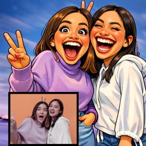 May include: An animated image of two smiling women. One is wearing a purple turtleneck sweater and making a peace sign. The other is wearing a white hoodie. A smaller image of the women is in the bottom left corner.