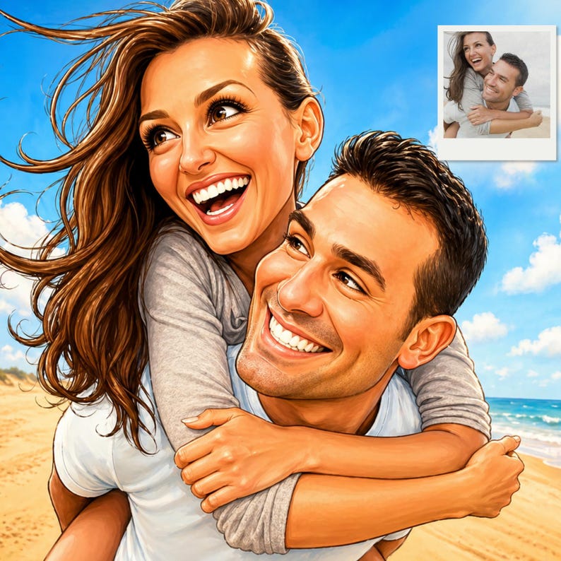 May include: Digital illustration of a smiling couple on a beach. The woman is embracing the man from behind, both with wide smiles. The background shows a blue sky, ocean, and sand. A smaller image of the couple is in the upper right corner.