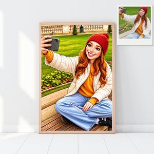 May include: A framed digital illustration of a person taking a selfie. The person is wearing a red beanie, white jacket, orange sweater, and blue jeans. The background shows a park setting with green grass and a wooden bench.