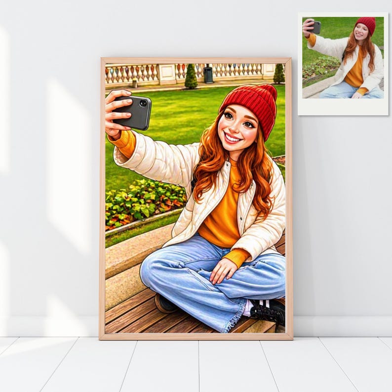 May include: A framed digital illustration of a person taking a selfie. The person is wearing a red beanie, white jacket, orange sweater, and blue jeans. The background shows a park setting with green grass and a wooden bench.