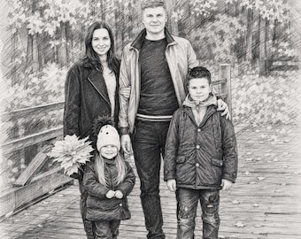 May include: A graphite pencil drawing of a family of four standing on a wooden bridge. The group includes two adults and two children, all wearing jackets. The smaller child holds a large bouquet of leaves, and the background features trees.