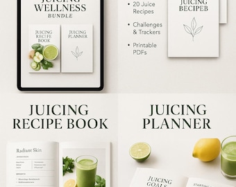 May include: A digital wellness bundle with a juicing theme. The image shows a tablet with a recipe book and planner, along with a recipe book, planner, and a list of contents. The recipe book features a green juice and ingredients.