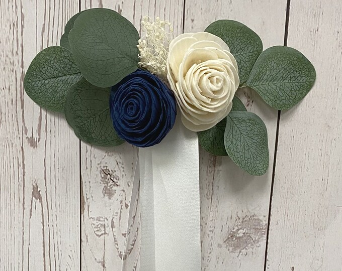 Lot of 4 Pew decoration, Aisle decor, Chair aisle flower, Eucalyptus wedding decor, Chair swag, Sola flowers, Ivory, Navy, Boho, Rustic