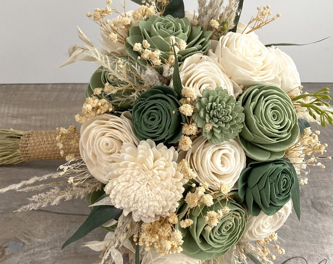 Wedding Bouquet, Bridal Bouquet, Sola Flower, Wedding Flower, Wooden Flower, Green, Sage, Eucalyptus, Corsage, Rustic, Boho, Lily of Angeles