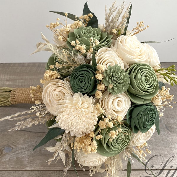Wedding Bouquet, Bridal Bouquet, Sola Flower, Wedding Flower, Wooden Flower, Green, Sage, Eucalyptus, Corsage, Rustic, Boho, Lily of Angeles
