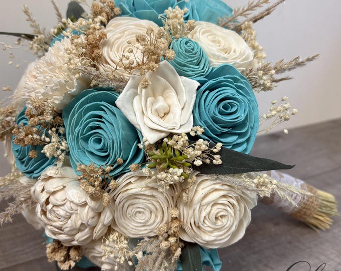 Wedding Bouquet, Bridal Bouquet, Sola Flower, Wedding Flower, Wooden Flower, Teal, Turquoise, Eucalyptus Corsage Rustic Boho Lily of Angeles