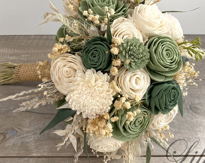 Wedding Bouquet, Bridal Bouquet, Sola Flower, Wedding, Wooden Flower, Green, Sage, Eucalyptus, Corsage, Rustic, Boho, Lily of Angeles