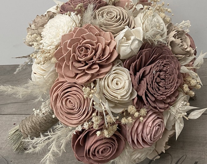 Wedding Bouquet, Bridal Bouquet, Bridesmaid Bouquet, Sola Flower Wedding Flower Wooden Dusty Rose Cream Mauve Rustic Boho Lily of Angeles