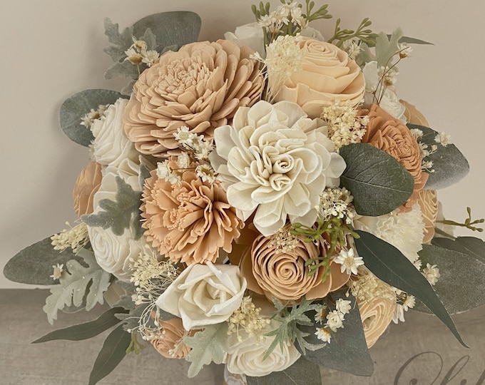 Wedding Bouquet, Bridal Bouquet, Sola Flower, Wedding Flower, Wooden Flower, Peach, Ivory, Rustic, Boho, Lily of Angeles