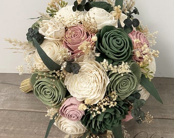 Wedding Bouquet, Bridal Bouquet, Sola Flower, Wedding Flower, Wooden Flower, Pink, Green Sage Eucalyptus Corsage Rustic Boho Lily of Angeles