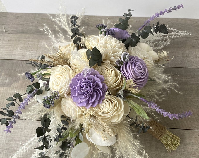 Wedding Bouquet, Bridal Bouquet, Bridesmaid Bouquet, Sola Flower, Wedding Flower, Wooden Flower, Ivory, Lavender, pampas grass, Rustic, Boho