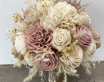 Wedding Bouquet, Bridal Bouquet, Sola Flower, Wedding Flower, Wooden Flower, Dusty Pink Mauve, Champagne, Rustic, Boho, Lily of Angeles