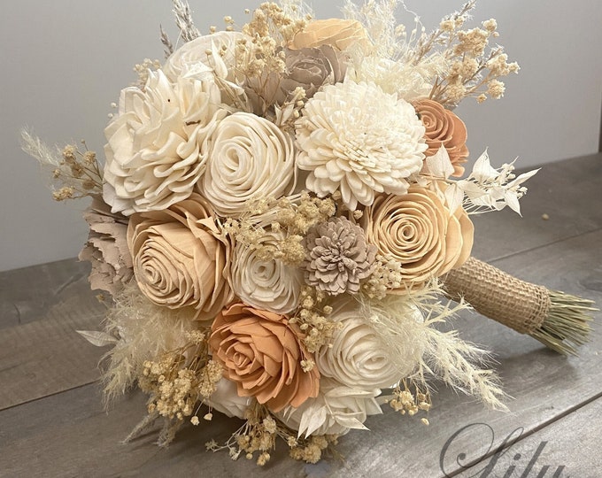 Wedding Bouquet, Bridal Bouquet, Sola Flower, Wedding Flower, Wooden Flower, Peach, Orange, pampas, Corsage, Rustic, Boho, Lily of Angeles