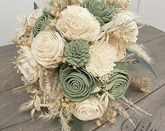 Ramo de boda, Ramo de novia, Flor sola, Flor de boda, Flor de madera, Verde, Salvia, Eucalipto, Corsage, Rústico, Boho, Lirio de Ángeles