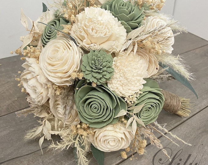 Wedding Bouquet, Bridal Bouquet, Sola Flower, Wedding Flower, Wooden Flower, Green, Sage, Eucalyptus, Corsage, Rustic, Boho, Lily of Angeles