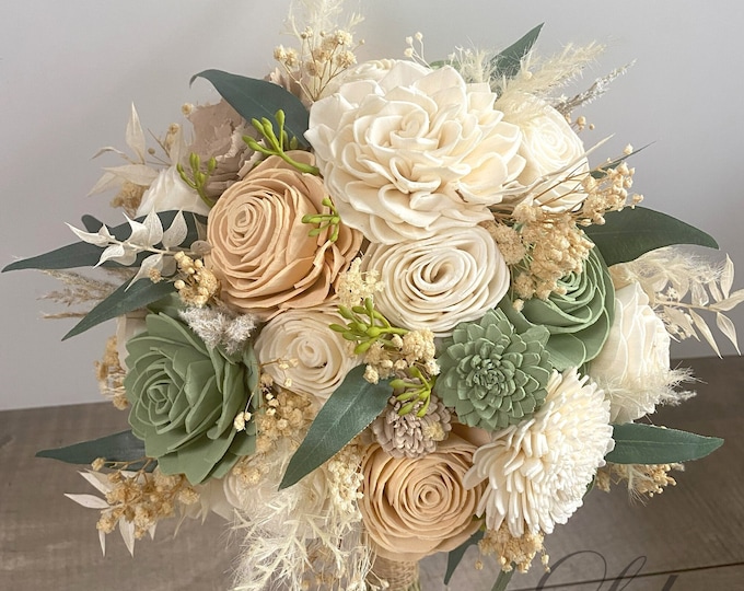 Wedding Bouquet, Bridal Bouquet, Sola Flower, Wedding Flower, Wooden Flower, Peach, Sage, Green, pampas, Dusty Rustic, Boho, Lily of Angeles